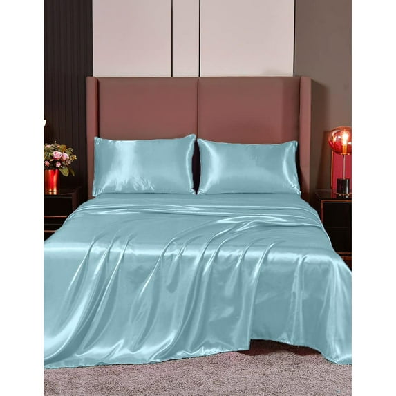 Cloud Fino 4 Pc Silk Satin Sheets Set | Silk Satin Fitted Sheet | Silk Satin Flat Sheet | Silk Pillowcase | 4 Pc Silk Satin Sheet Set | Hotel Quality Silky Soft Luxurious !!!! Twin XL, Sky Blue