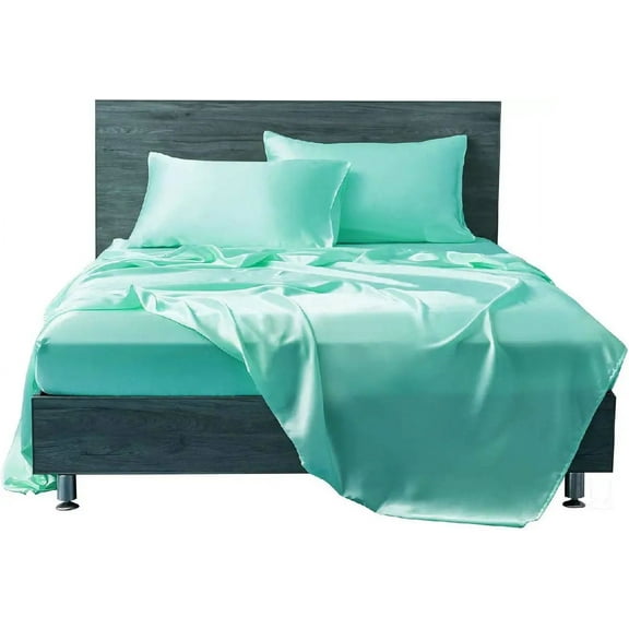 Cloud Fino 4 Pc Silk Satin Sheets Set|Silk Satin Fitted Sheet|Silk Satin Flat Sheet|Silk Pillowcase|4 Pc| Hotel Quality Sheets !!(Aqua Blue/Twin)