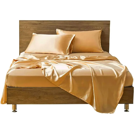 Cloud Fino 4 Pc Silk Satin Sheets Set|Silk Satin Fitted Sheet|Silk Satin Flat Sheet|Silk Pillowcase|4 Pc| Hotel Quality Sheets !!(Gold/Full Xl)