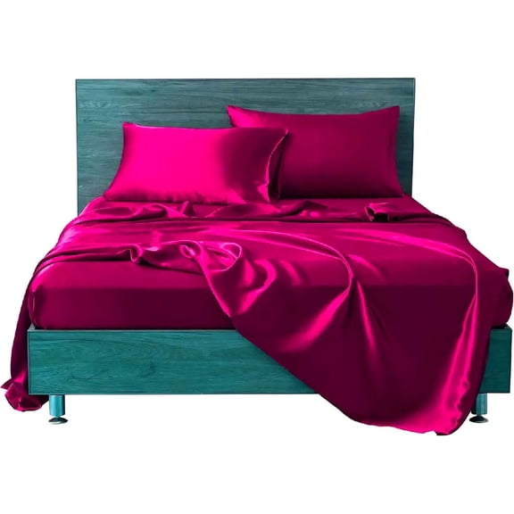Cloud Fino 4 Pc Silk Satin Sheets Set|Silk Satin Fitted Sheet|Silk Satin Flat Sheet|Silk Pillowcase|4 Pc| Hotel Quality Sheets !!(Hot Pink/Full Xl)