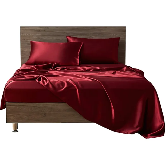 Cloud Fino 4 Pc Silk Satin Sheets Set|Silk Satin Fitted Sheet|Silk Satin Flat Sheet|Silk Pillowcase|4 Pc| Hotel Quality Sheets !!(Mehroon Wine/California Queen)