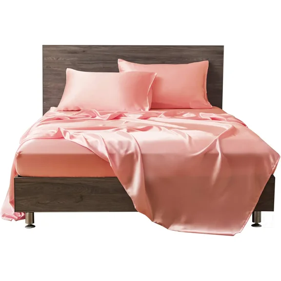 Cloud Fino 4 Pc Silk Satin Sheets Set|Silk Satin Fitted Sheet|Silk Satin Flat Sheet|Silk Pillowcase|4 Pc| Hotel Quality Sheets !!(Peach/Full)