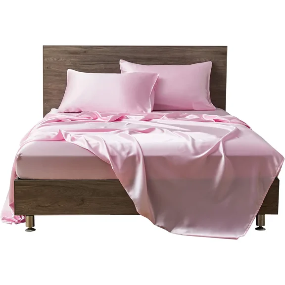 Cloud Fino 4 Pc Silk Satin Sheets Set|Silk Satin Fitted Sheet|Silk Satin Flat Sheet|Silk Pillowcase|4 Pc| Hotel Quality Sheets !!(Rose Pink/King)