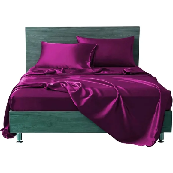 Cloud Fino 4 Pc Silk Satin Sheets Set|Silk Satin Fitted Sheet|Silk Satin Flat Sheet|Silk Pillowcase|(Purple/Queen)