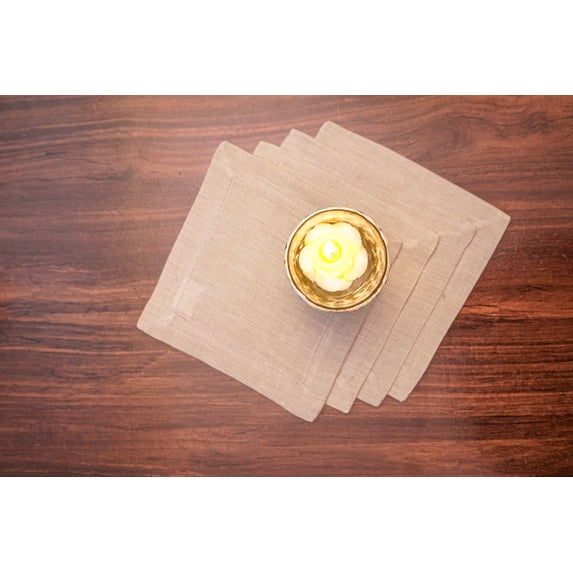 Cloud Fino Linen Cocktail Napkins (6x6 Set of 12), 100% French Flax Stone Washed for Softness, Zigzag Stich Small Cloth Beverage Party Bar Coffee Dessert Wedding Napkins Coaster.(Light Natural)