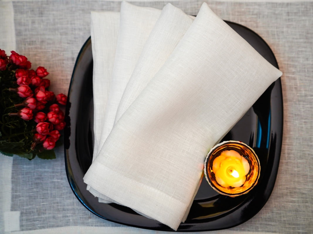 HOUSE OF FLAX 100% Linen Dinner Napkins 18x18 Inch - Stone Washed, Royal Cream, Set Of 4