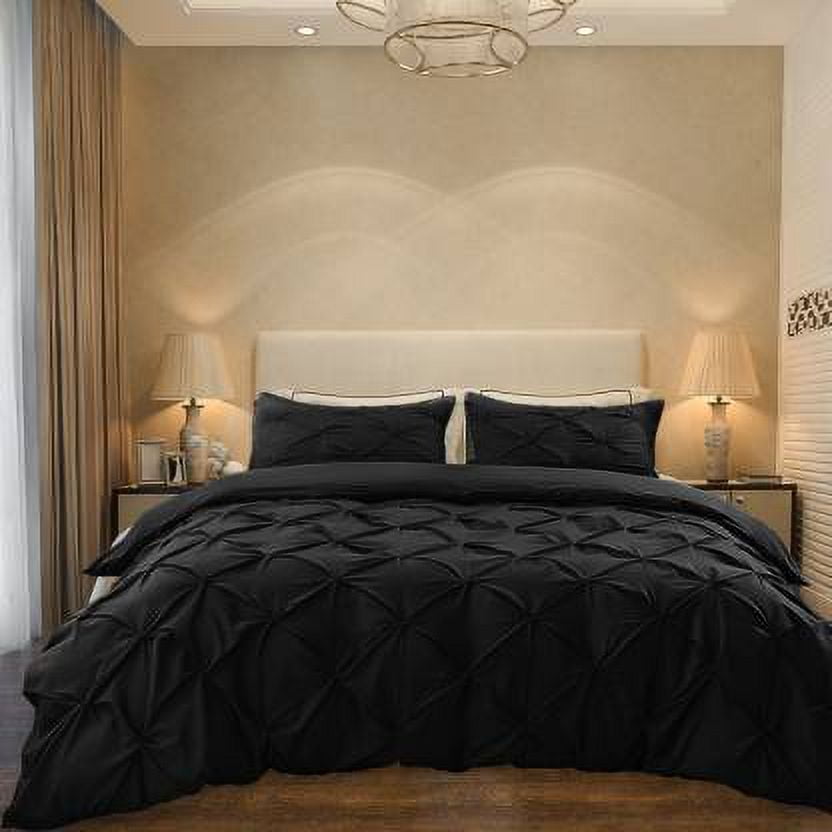 Cloud Fino Luxurious Pinch Pleated Duvet Cover Set 100% Egyption Cotton 600 Thread Count Pintuck Design Decorative Soft Bedsheet Set(Black,Full/Queen)