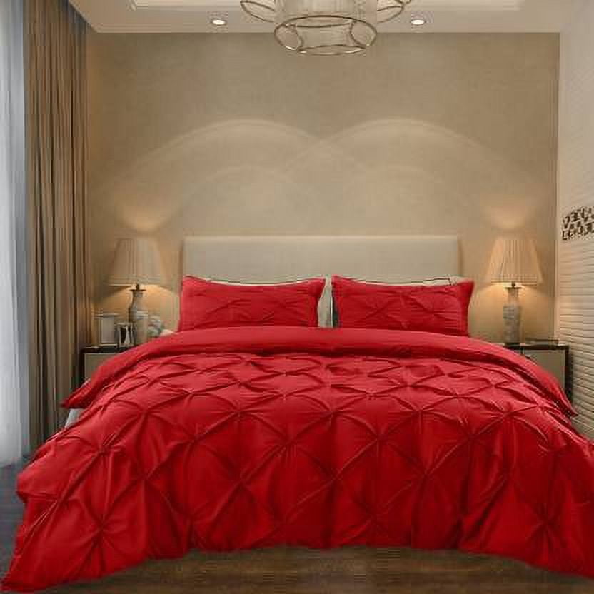 Cloud Fino Luxurious Pinch Pleated Duvet Cover Set 100% Egyption Cotton 600 Thread Count Pintuck Design Decorative Soft Bedsheet Set(Blood Red,Full/Queen)