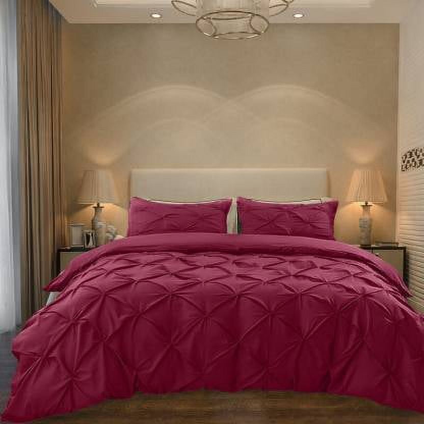Cloud Fino Luxurious Pinch Pleated Duvet Cover Set 100% Egyption Cotton 600 Thread Count Pintuck Design Decorative Soft Bedsheet Set(Burgundy,King/California King)