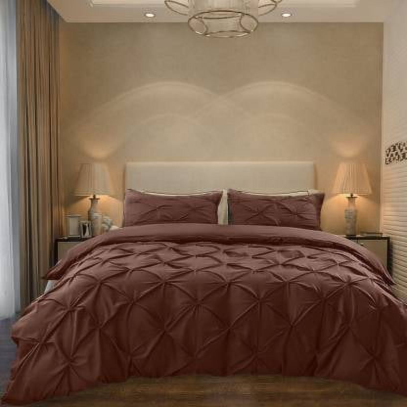 Cloud Fino Luxurious Pinch Pleated Duvet Cover Set 100% Egyption Cotton 600 Thread Count Pintuck Design Decorative Soft Bedsheet Set(Chocolate,Full/Queen)
