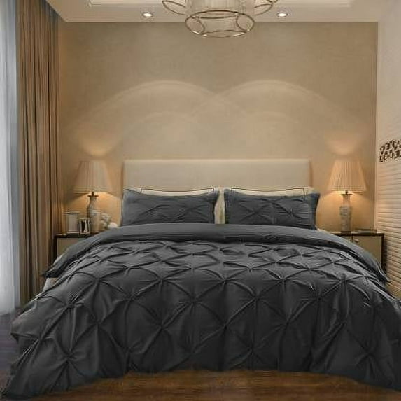 Cloud Fino Luxurious Pinch Pleated Duvet Cover Set 100% Egyption Cotton 600 Thread Count Pintuck Design Decorative Soft Bedsheet Set(Dark Grey,King/California King)