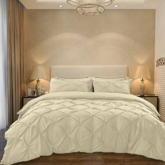 Cloud Fino Luxurious Pinch Pleated Duvet Cover Set 100% Egyption Cotton 600 Thread Count Pintuck Design Decorative Soft Bedsheet Set(Ivory,Full/Queen)