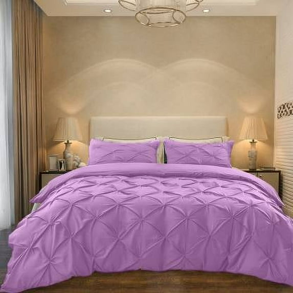 Cloud Fino Luxurious Pinch Pleated Duvet Cover Set 100% Egyption Cotton 600 Thread Count Pintuck Design Decorative Soft Bedsheet Set(Lilac,Full/Queen)