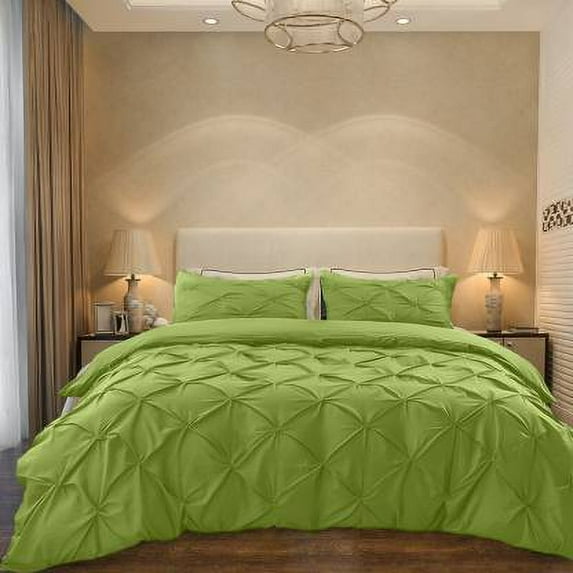 Cloud Fino Luxurious Pinch Pleated Duvet Cover Set 100% Egyption Cotton 600 Thread Count Pintuck Design Decorative Soft Bedsheet Set(Olive,Full/Queen)