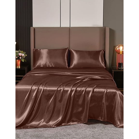 Cloud Fino Luxurious Satin Bed Sheets Chocolate Silk Sheets Cal-Queen 15 " Deep Pocket Pillowcases Sheet, 4-Piece
