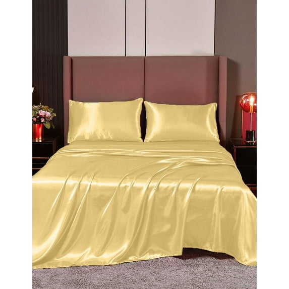 Cloud Fino Luxurious Satin Bed Sheets Gold Silk Sheets Cal-Queen 15 " Deep Pocket Pillowcases Sheet, 4-Piece
