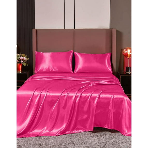 Cloud Fino Luxurious Satin Bed Sheets Hot Pink Silk Sheets Queen 15 " Deep Pocket Pillowcases Sheet, 4-Piece