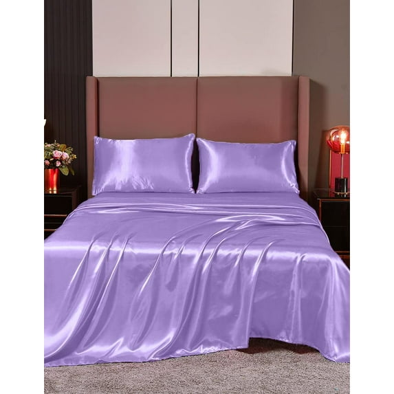 Cloud Fino Luxurious Satin Bed Sheets Lilac Silk Sheets King 15 " Deep Pocket Pillowcases Sheet, 4-Piece
