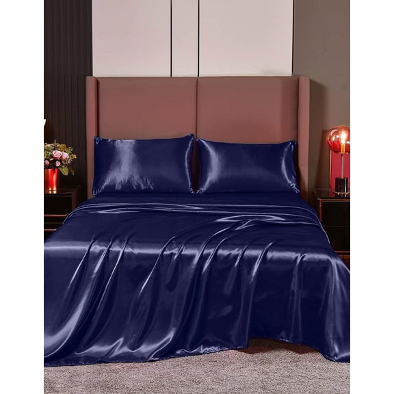 Cloud Fino Luxurious Satin Bed Sheets Navy Blue Silk Sheets Queen 15 " Deep Pocket Pillowcases Sheet, 4-Piece