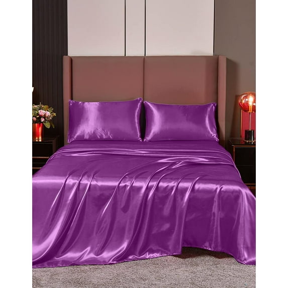 Cloud Fino Luxurious Satin Bed Sheets Purple Silk Sheets Queen 15 " Deep Pocket Pillowcases Sheet, 4-Piece