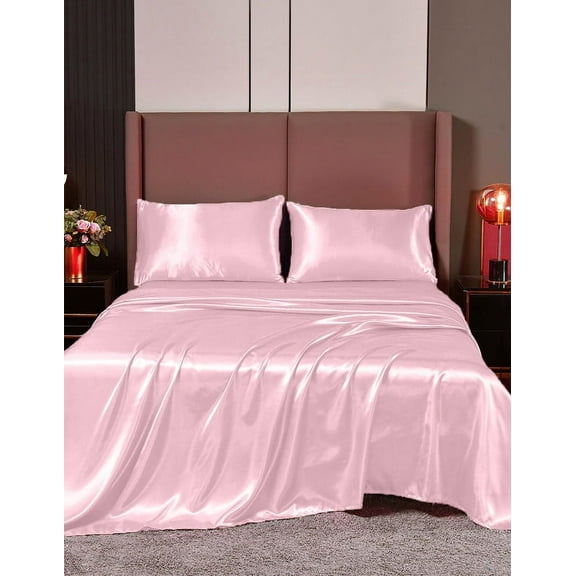 Cloud Fino Luxurious Satin Bed Sheets Rose Pink Silk Sheets King 15 " Deep Pocket Pillowcases Sheet, 4-Piece