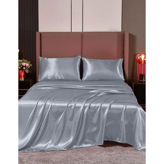 Cloud Fino Luxurious Satin Bed Sheets Silver Grey Silk Sheets Full 15 " Deep Pocket Pillowcases Sheet, 4-Piece