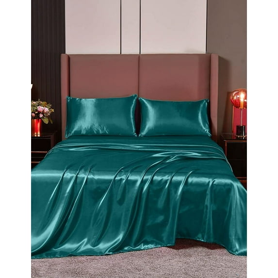 Cloud Fino Luxurious Satin Bed Sheets Teal Silk Sheets Short Queen 15 " Deep Pocket Pillowcases Sheet, 4-Piece