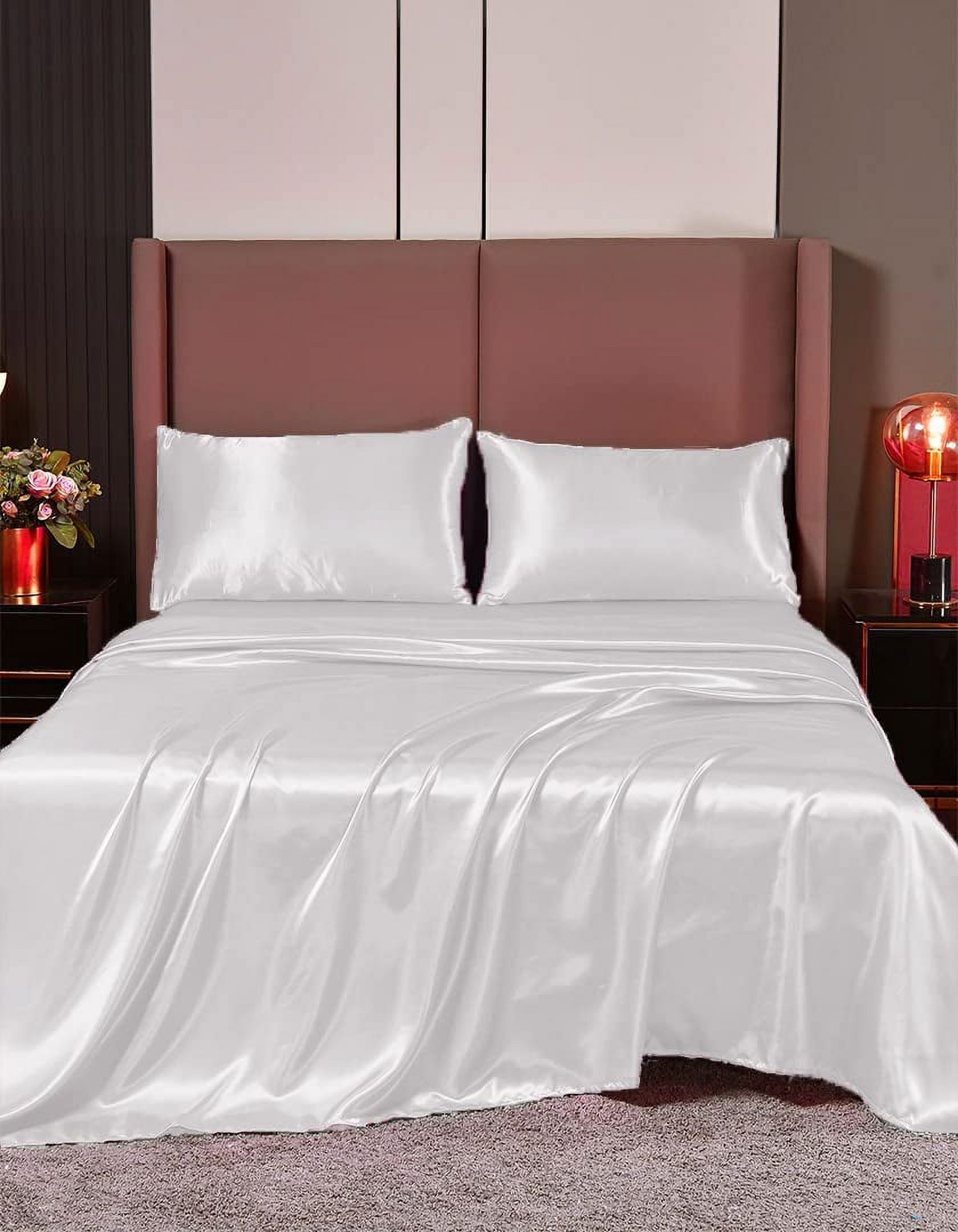Cloud Fino Luxurious Satin Bed Sheets White Silk Sheets King 15 " Deep