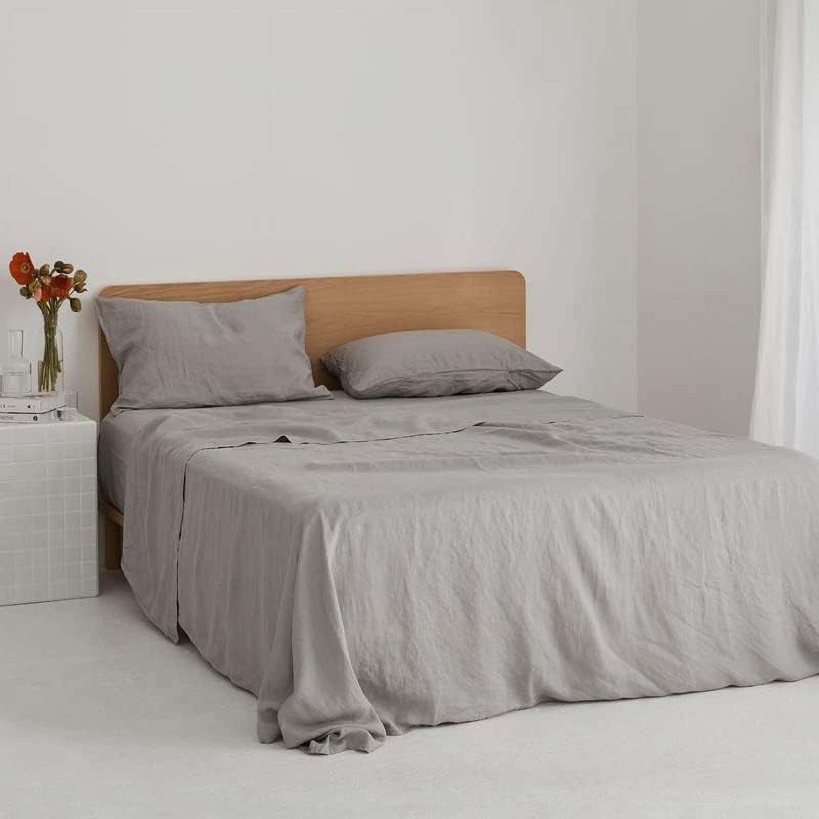 Cloud Fino Pure Linen Duvet with Fitted Sheet- 4 Piece Sheets- French Flax Stonewashed- Deep Pocket- Linen Duvet Cover Set- Luxury Super Soft Sheets(Stone Grey,Super Queen)