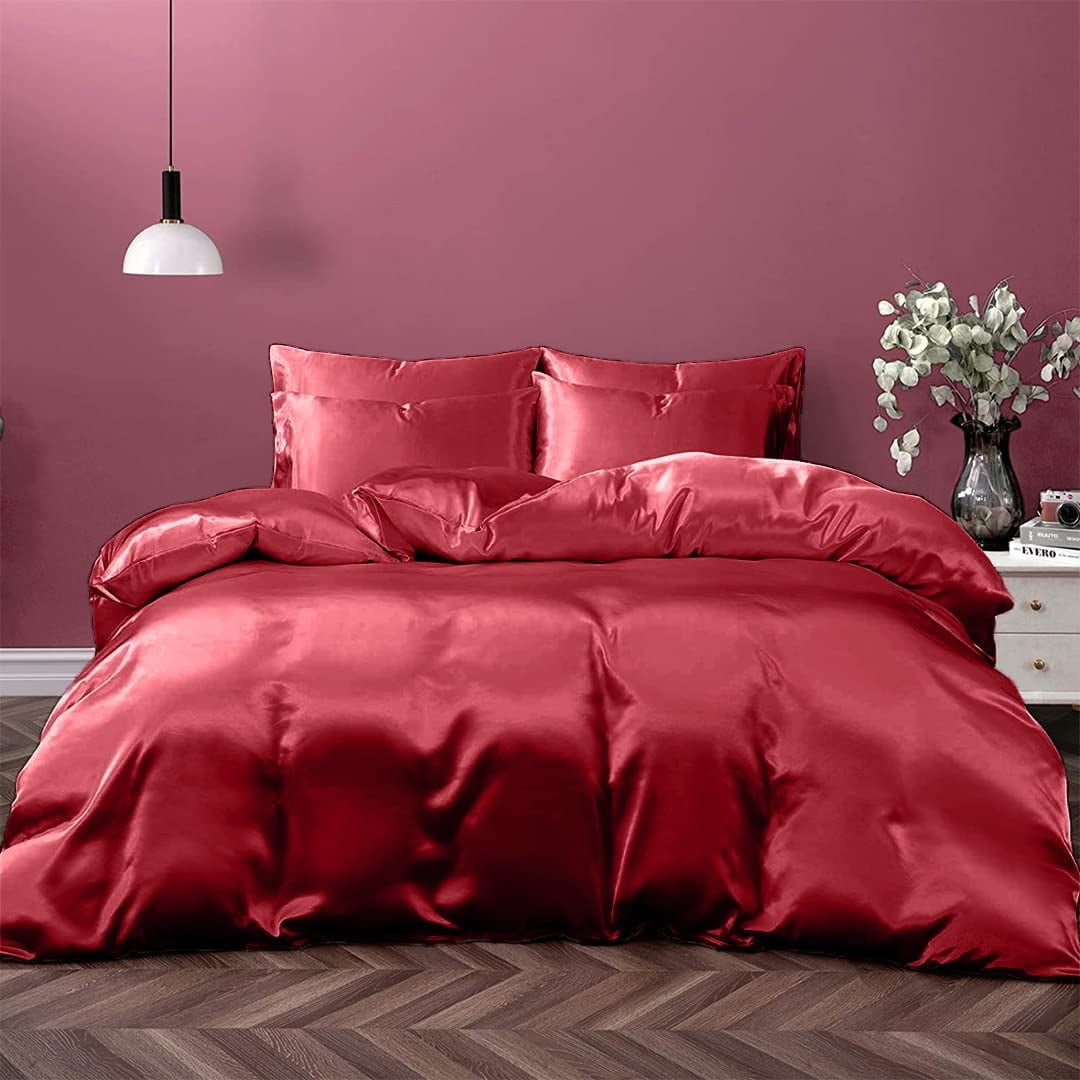 Cloud Fino Silk Satin Comorter | Box Stitched | 300 GSM Filling | All-Season Comforter | Luxurious Hotel Quality Quilt (Burgundy,Full/Queen)