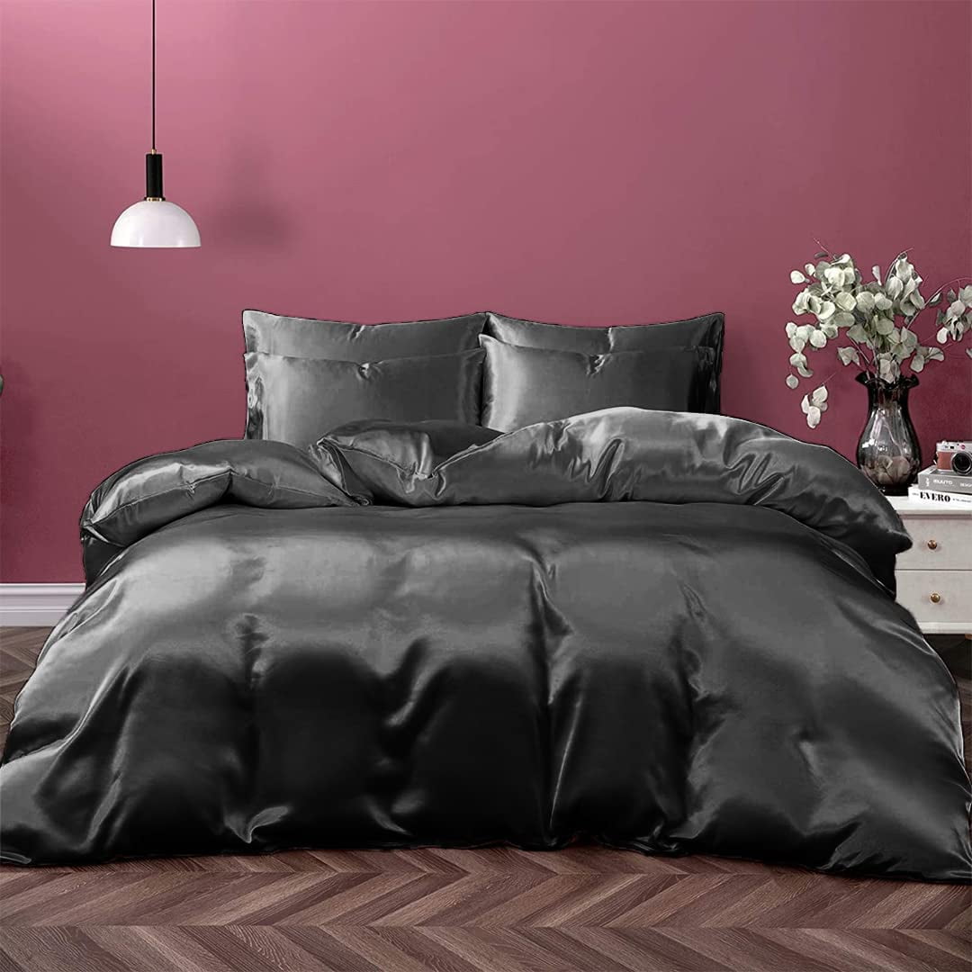 Cloud Fino Silk Satin Comorter | Box Stitched | 300 GSM Filling | All-Season Comforter | Luxurious Hotel Quality Quilt (Dark Grey,Full/Queen)