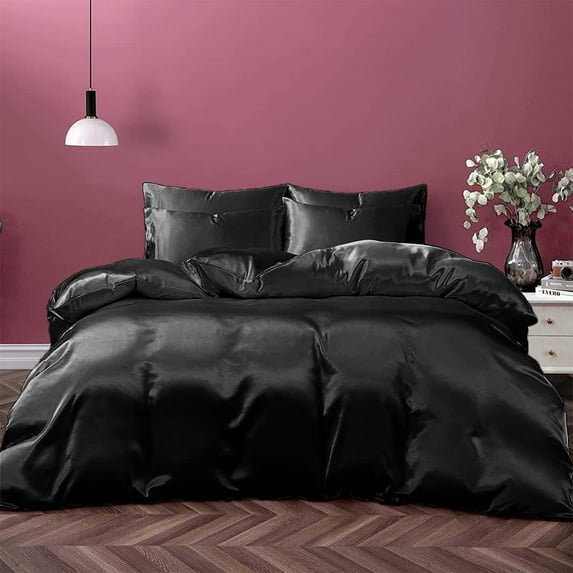Cloud Fino Silk Satin Sheet Set| 100% Pure Silk Satin Sheet Set 7pc Silk Fitted Sheet 15" Deep Pocket, Silk Flat Sheet, Silk Duvet Cover & Pillowcases Set !!(Cal Queen Black)