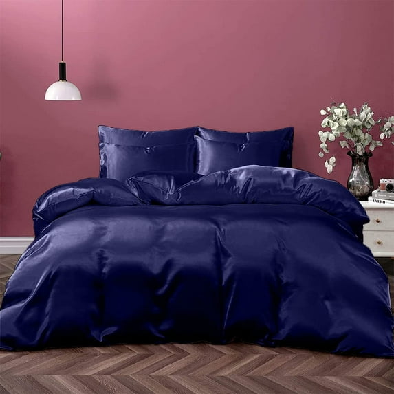 Cloud Fino Silk Satin Sheet Set| 100% Pure Silk Satin Sheet Set 7pc Silk Fitted Sheet 15" Deep Pocket, Silk Flat Sheet, Silk Duvet Cover & Pillowcases Set !!(Cal Queen Navy Blue)