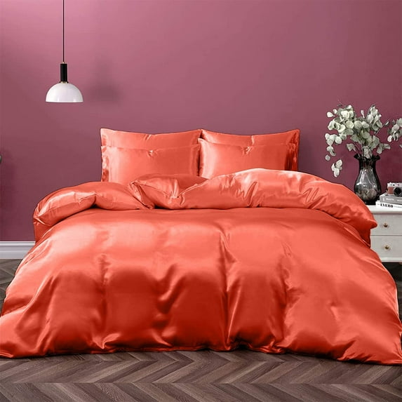 Cloud Fino Silk Satin Sheet Set| 100% Pure Silk Satin Sheet Set 7pc Silk Fitted Sheet 15" Deep Pocket, Silk Flat Sheet, Silk Duvet Cover & Pillowcases Set !!(Full Coral)