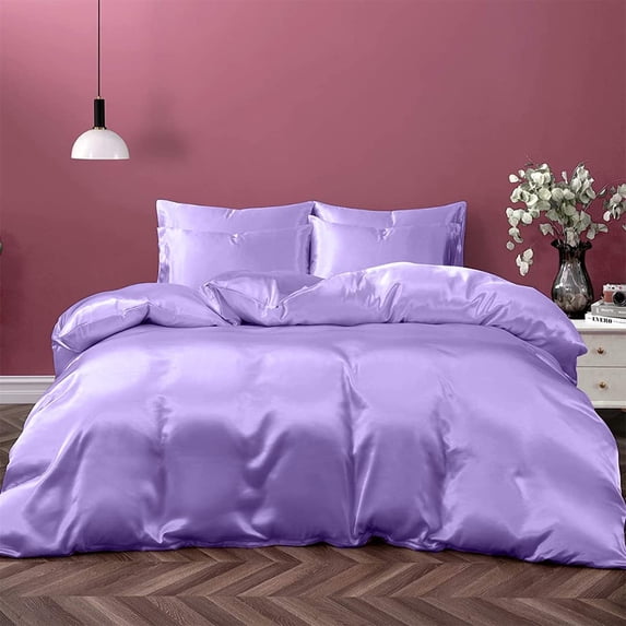 Cloud Fino Silk Satin Sheet Set| 100% Pure Silk Satin Sheet Set 7pc Silk Fitted Sheet 15" Deep Pocket, Silk Flat Sheet, Silk Duvet Cover & Pillowcases Set !!(Olympic Queen Lilac)