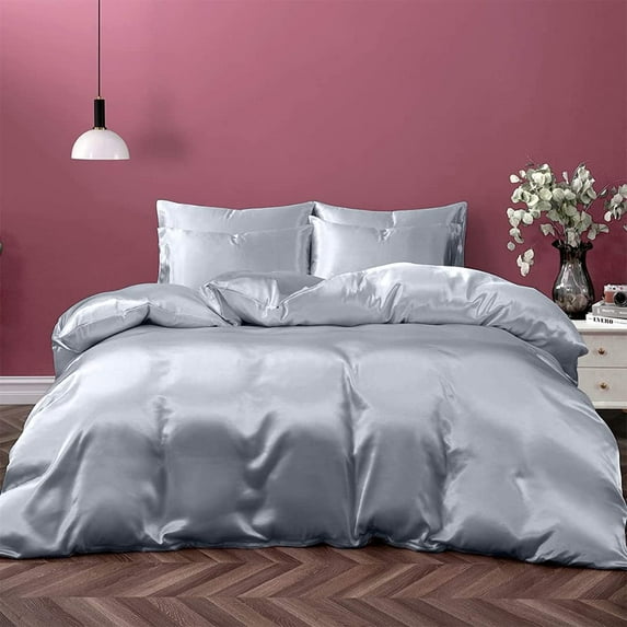 Cloud Fino Silk Satin Sheet Set| 100% Pure Silk Satin Sheet Set 7pc Silk Fitted Sheet 15" Deep Pocket, Silk Flat Sheet, Silk Duvet Cover & Pillowcases Set !!(Twin XL Silver Grey)