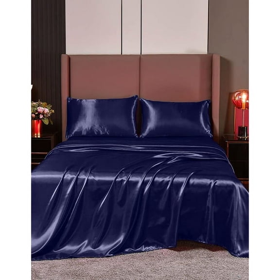 Cloud Fino Silk Satin Sheet Set- 6 Piece Sheet Set- Queen Size Sheet Set- Rich Quality 20" Deep Pocket Sheets- Luxury Hotel Bed Sheets- Navy Blue
