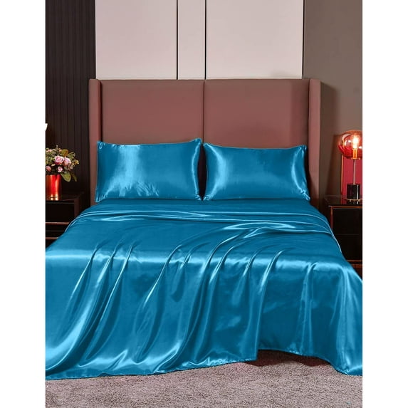 Cloud Fino Silk Satin Sheet Set- 6 Piece Sheet Set- Short Queen Size Sheet Set- Rich Quality 20" Deep Pocket Sheets- Luxury Hotel Bed Sheets- Turquoise Blue