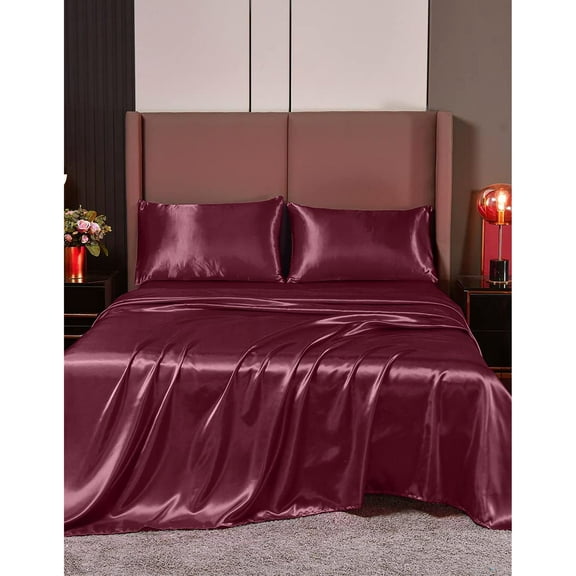 Cloud Fino Silk Satin Sheet Set- 6 Piece Sheet Set- Super Queen Size Sheet Set- Rich Quality 20" Deep Pocket Sheets- Luxury Hotel Bed Sheets- Wine