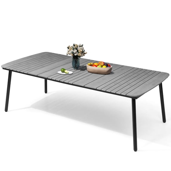 Cloud Fly 93" Outdoor Dining Table with Umbrella Hole Grey Rectangle Patio Dining Table for 8-10 People All Weather Patio Table with Wood-like Tabletop for Deck Backyard Garden