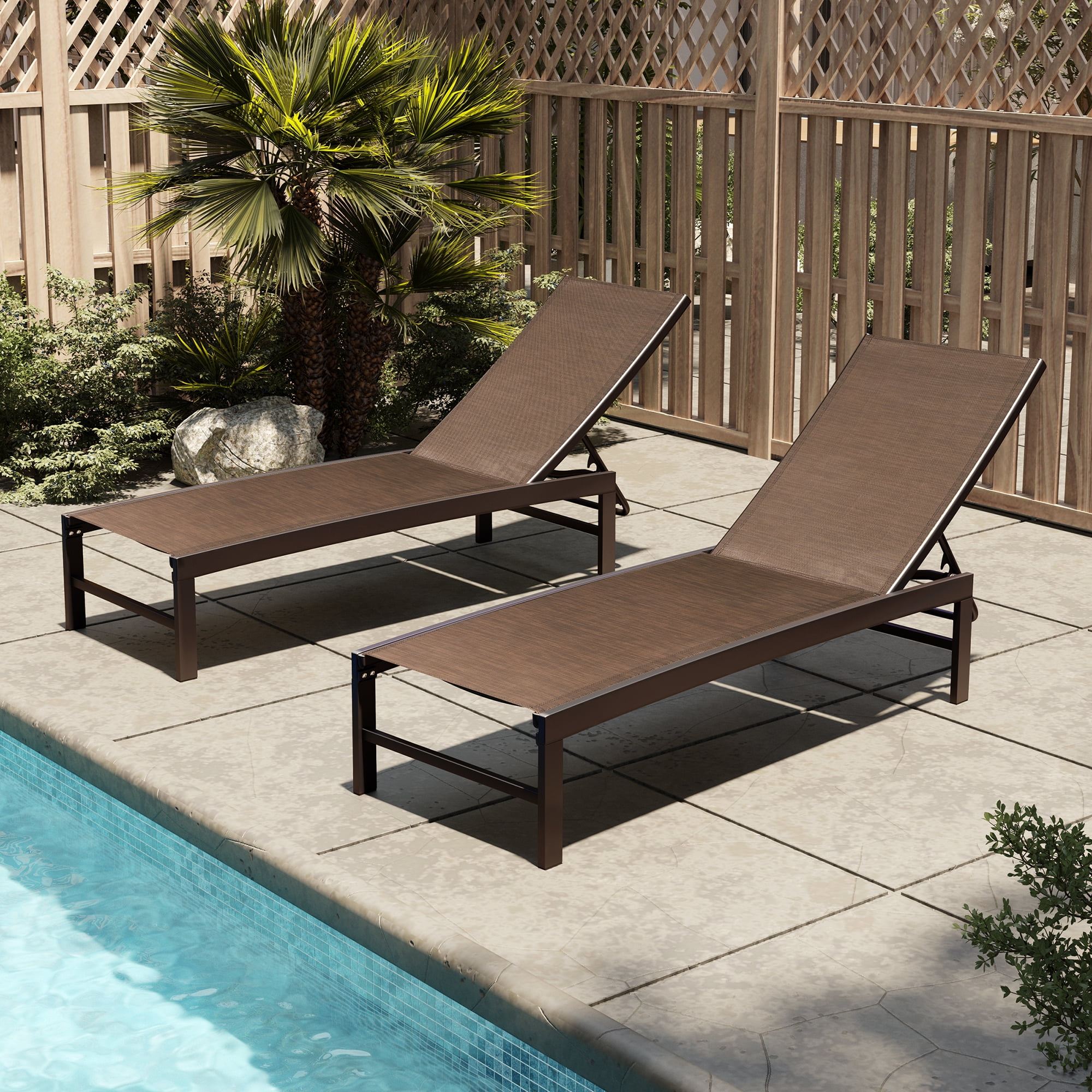 Brown Aluminum Adjustable Chaise Lounge Set with Texteline Fabric