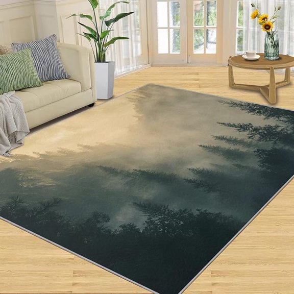 Cloud Forest Rugs for Bedroom, Pine Forest Area Rug, Landscape Photo Rugs for Living Room, Indoor Non-Slip Rug, Machine Washable Carpet for Front Entrance Floor Decor 5 x 8ft