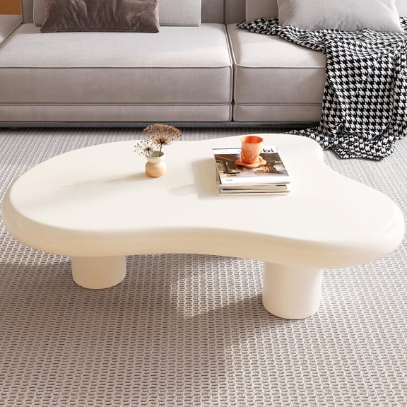 White 46.06" L Cloud Free Shape Coffee Table with 3 Legs Crea Center Coffee Table for Living Room Round Corner Sturdy End TableCute Irregular Side Table