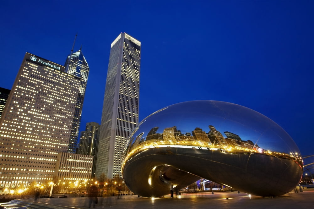 Cloud Gate (The Bean) Sculpture In Front Of Skyscrapers At Night ChicagoIllinoisUsa Canvas Art - Kim Karpeles Design Pics (17 x 11)