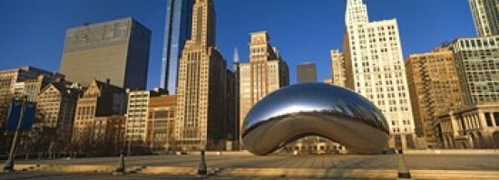 Cloud Gate sculpture with buildings in the background Millennium Park Chicago Cook County Illinois USA Canvas Art - Panoramic Images (36 x 13)