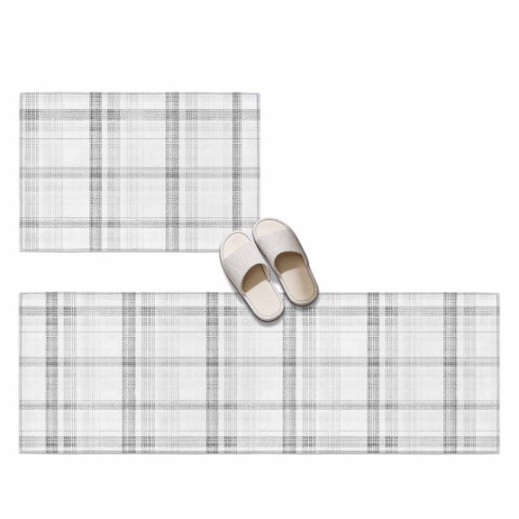 Cloud Gray 2 Pieces Non-Slip Kitchen Mat Set, Pale Silver Grid Checkered Farmhouse Modern Classic Soft Door Mat with Rubber Backing, Dirtproof Rugs for Entrance Doorway, 23.6x35.4in+23.6x70.9in