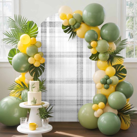Cloud Gray Arch Backdrop Cover, 4FT, Pale Silver Grid Checkered Farmhouse Modern Classic Spandex Arch Covers Double-Sided Backdrop for Wedding Birthday Party Photo Background Decoration