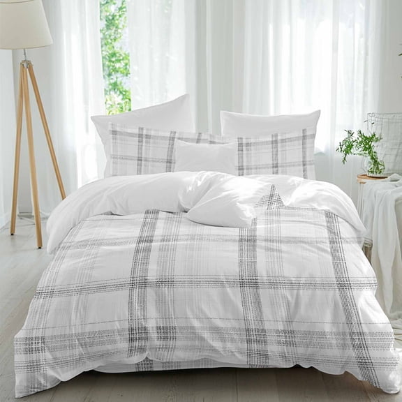 Cloud Gray California King Duvet Cover Set, Pale Silver Grid Checkered Farmhouse Modern Classic 4 Piece Microfiber Bedding Set with Zipper Closure, Bed Sheet and 2 Pillow Shams, Soft Bedding Cover