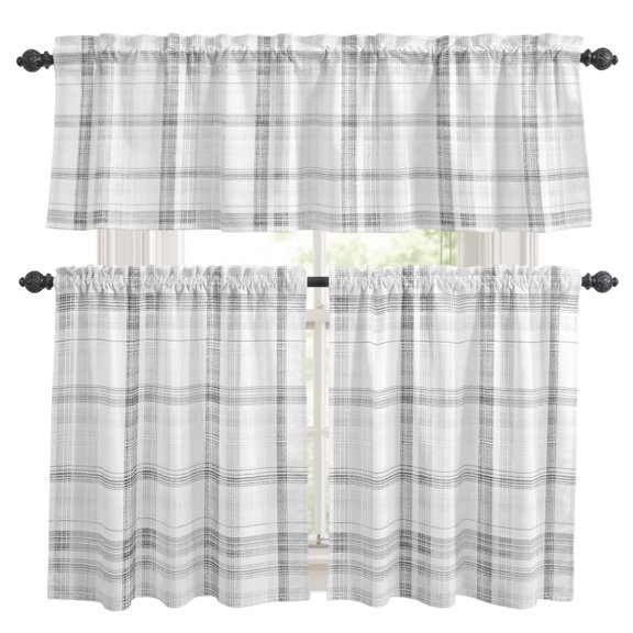 Cloud Gray Kitchen Curtains Valances 3 Piece Set, Pale Silver Grid Checkered Farmhouse Modern Classic Rod Pocket Tier Curtain and Valance Drapes for Small Window 36 Inch Length for Bedroom Cafe