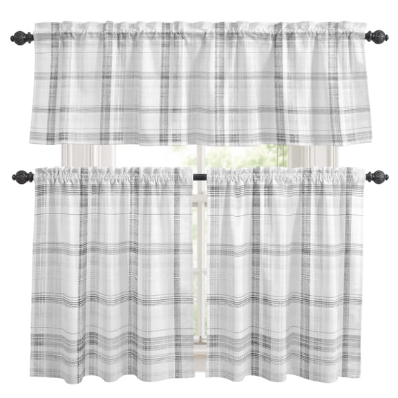 Cloud Gray Kitchen Curtains and Valances Set, Pale Silver Grid Checkered Farmhouse Modern Classic 3 Piece Curtains Valances and Tiers Set Rod Pocket for Kitchen Bathroom Windows 36 Inch